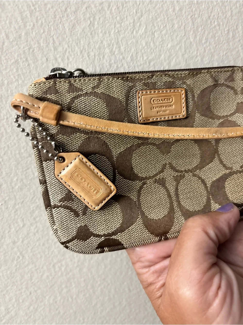 Coach Signature Canvas Wristlet in Brown/Tan